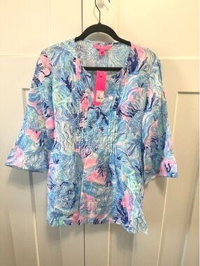 NWT Lilly Pulitzer Hollie 100% Linen Tunic Saltwater blue shirt in size Medium